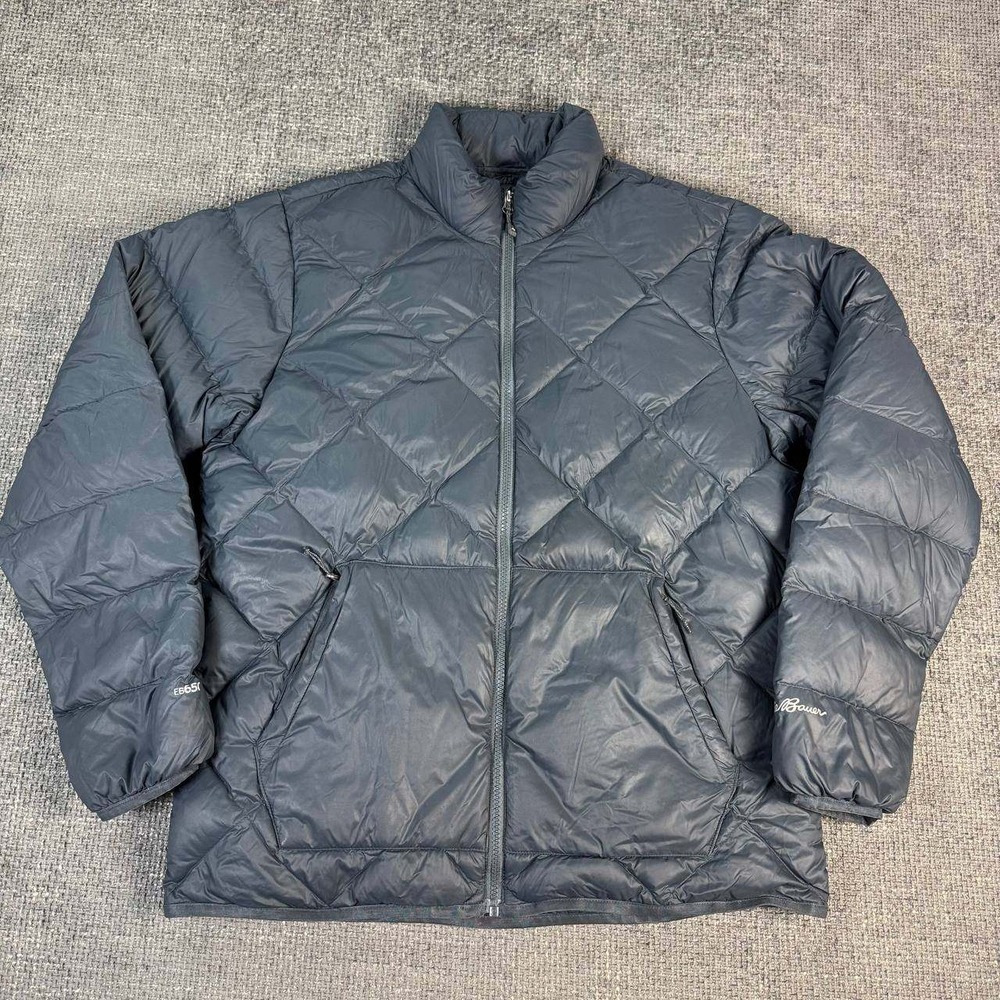 Eddie Bauer EB650 Down Puffer Jacket Mens Medium Gray Diamond Quilt Full Zip